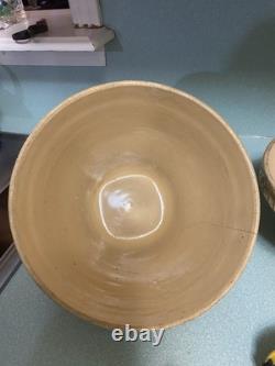 5 Vtg McCoy USA Mixing Bowls Yellow Ware Blue/Pink Stripe Pie Crust Edge RARE