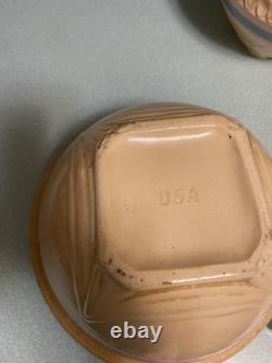 5 Vtg McCoy USA Mixing Bowls Yellow Ware Blue/Pink Stripe Pie Crust Edge RARE
