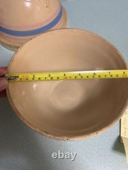 5 Vtg McCoy USA Mixing Bowls Yellow Ware Blue/Pink Stripe Pie Crust Edge RARE