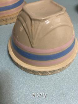 5 Vtg McCoy USA Mixing Bowls Yellow Ware Blue/Pink Stripe Pie Crust Edge RARE