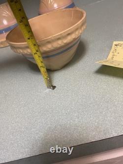 5 Vtg McCoy USA Mixing Bowls Yellow Ware Blue/Pink Stripe Pie Crust Edge RARE