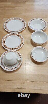 66 Piece Set Pyrex Restaurant Ware Dinnerware Copper Filigree Vintage 1960 READ