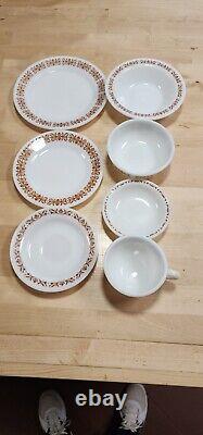 66 Piece Set Pyrex Restaurant Ware Dinnerware Copper Filigree Vintage 1960 READ