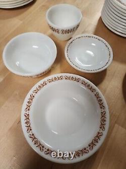 66 Piece Set Pyrex Restaurant Ware Dinnerware Copper Filigree Vintage 1960 READ