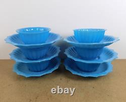 6 Antique Blue Opaline Ribbed Glass Finger Bowls & Underplates