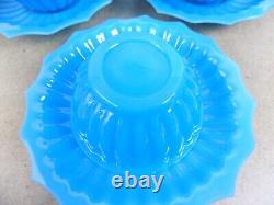 6 Antique Blue Opaline Ribbed Glass Finger Bowls & Underplates