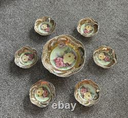 7-PC Antique Hand Painted Nippon Floral & Gold Nut Bowl & 6 Salt Cellar Dishes