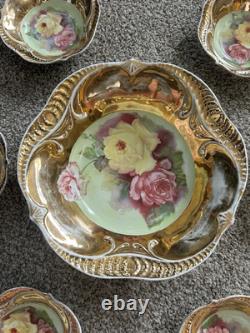 7-PC Antique Hand Painted Nippon Floral & Gold Nut Bowl & 6 Salt Cellar Dishes