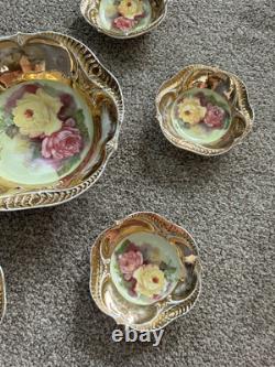 7-PC Antique Hand Painted Nippon Floral & Gold Nut Bowl & 6 Salt Cellar Dishes