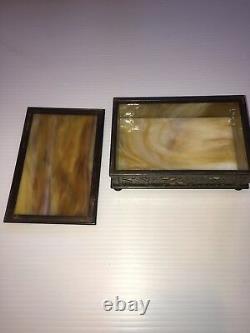 #808 Tiffany Studios Ny Trinket Box Grapevine Brown Slag Glass