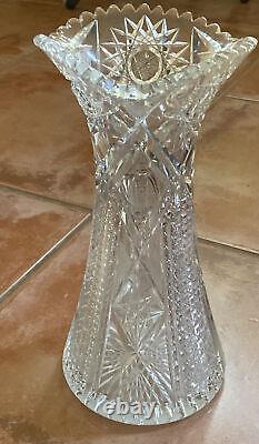 ABP American Brilliant VASE Cut Glass Swirl Stars Sun Starburst 12x5.75 in