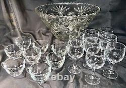 ANCHOR HOCKING vintage Early American Prescut clear glass punch bowl & 16 Cups