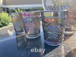 ANTIQUE 7pc IMPERIAL Electric Purple GRAPE CARNIVAL GLASS 6 TUMBLERS & Pitcher