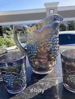 ANTIQUE 7pc IMPERIAL Electric Purple GRAPE CARNIVAL GLASS 6 TUMBLERS & Pitcher