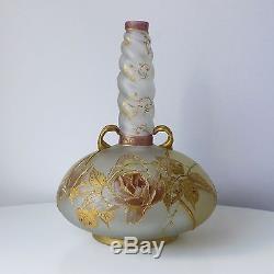 Antique Mt. Washington Royal Flemish Art Glass Vase Enameled Roses Marked Rf