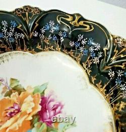 ANTIQUE PRUSSIA 10.5 BOWL with FLORAL DESIGN, black border and gilt