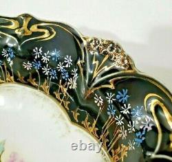 ANTIQUE PRUSSIA 10.5 BOWL with FLORAL DESIGN, black border and gilt