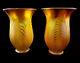 Antique Signed Quezal Pulled Feather Aurene Glass Trumpet Shades (2)