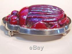 Antique Signed Tiffany Favrile Red Art Glass Scarab Sterling Silver Brooch / Pin