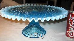 ANTIQUE VINTAGE FENTON BLUE HOBNAIL OPALESCENT ART GLASS CAKE FRUIT PLATE STAND