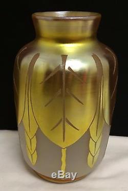Art Deco Steuben Glass Gold Aurene Alabaster 8 Winton Pattern Vase Shape 7424
