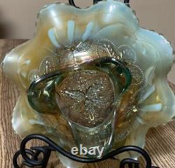 AWESOME Aqua Opalescent Northwood Carnival Glass Three Fruit Medallion Bowl Rare