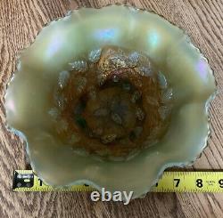 AWESOME Aqua Opalescent Northwood Carnival Glass Three Fruit Medallion Bowl Rare