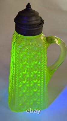 Adams & Co Glass Syrup Vaseline Yellow Pattern #85 aka Valencia Waffle EAPG