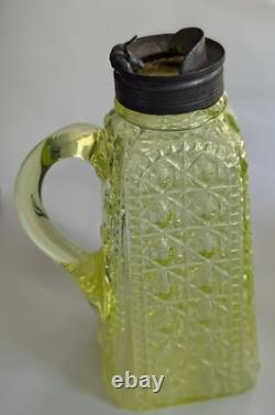 Adams & Co Glass Syrup Vaseline Yellow Pattern #85 aka Valencia Waffle EAPG