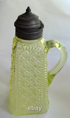 Adams & Co Glass Syrup Vaseline Yellow Pattern #85 aka Valencia Waffle EAPG
