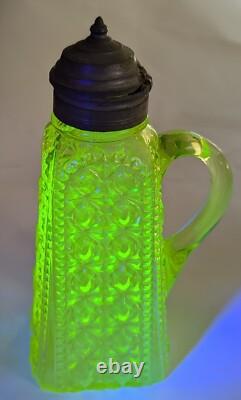 Adams & Co Glass Syrup Vaseline Yellow Pattern #85 aka Valencia Waffle EAPG