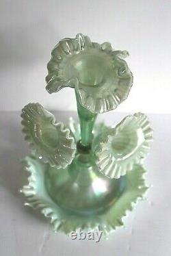 Amazing Fenton Art Glass Carnival Green Mist 4 Horn Epergne