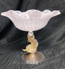 Amazing SALVIATI Murano Latticino Dolphin Compote Venetian Art Glass Tazza