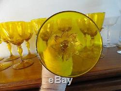 Amazing Set Of 11 Venetian Or Steuben Glass Yellow Goblet With Applied Leaves
