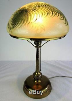 American Table Lamp Signed Handel Hand Painted with Palm Leaves c. 1910