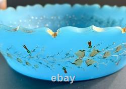 Antique 10 Bowl Blue Art Glass w Gilt And Hand Painted Floral Decoration