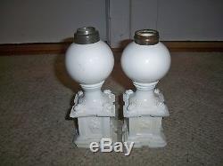 Antique 19th C New England Glass Co Opalescent White Whale Oil Lamps Lions Rare