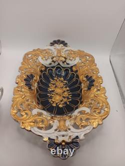 Antique 19th Century Meissen Porcelain Cobalt Blue & Gold Gilted Floral Bowl
