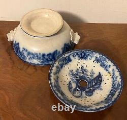 Antique 19th c Flow Blue Ironstone Transferware Bowl Potpourri Muffineer Mazarin