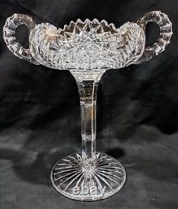 Antique ABP American Brilliant Cut Glass 2 Handles Compote Fern & Hobstar 10