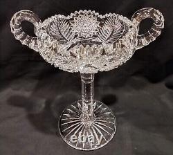 Antique ABP American Brilliant Cut Glass 2 Handles Compote Fern & Hobstar 10