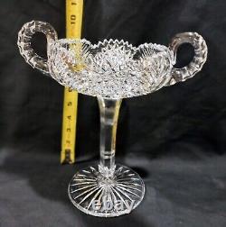Antique ABP American Brilliant Cut Glass 2 Handles Compote Fern & Hobstar 10
