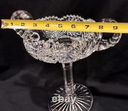 Antique ABP American Brilliant Cut Glass 2 Handles Compote Fern & Hobstar 10