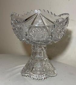 Antique American brilliant cut etched crystal 2 piece centerpiece punch bowl