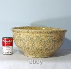 Antique Blue Spongeware Primitive Large Yellow Ware Mixing Bowl 14