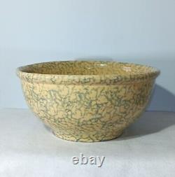 Antique Blue Spongeware Primitive Large Yellow Ware Mixing Bowl 14