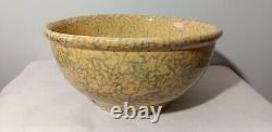 Antique Blue Spongeware Primitive Large Yellow Ware Mixing Bowl 14