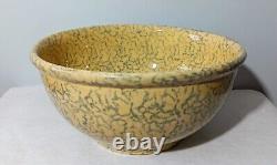 Antique Blue Spongeware Primitive Large Yellow Ware Mixing Bowl 14