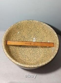 Antique Blue Spongeware Primitive Large Yellow Ware Mixing Bowl 14