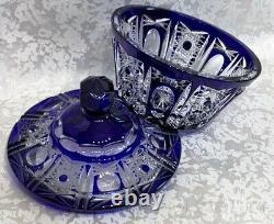Antique Bohemian Bowl Crystal Sapphire Germany Bavaria Candy Lead Lid Rare Old